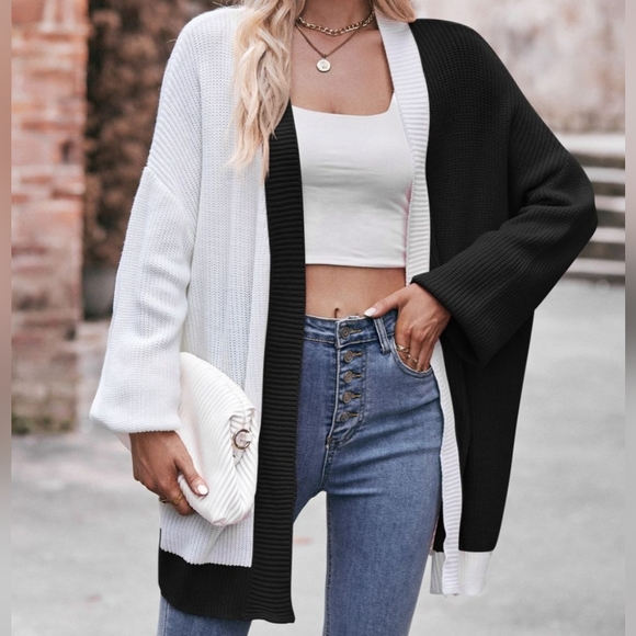 Contrast Open Front Cardigan - Black - Picture 5 of 5